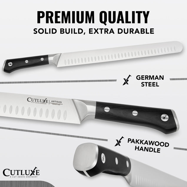 Product image 2 of 8: Premium German steel kitchen knives with Pakkawood handle, solid build for home cooks and chefs