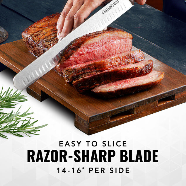 Product image 7 of 8: Razor-sharp kitchen knife slicing medium-rare steak on wooden board, ideal for home cooks and chefs