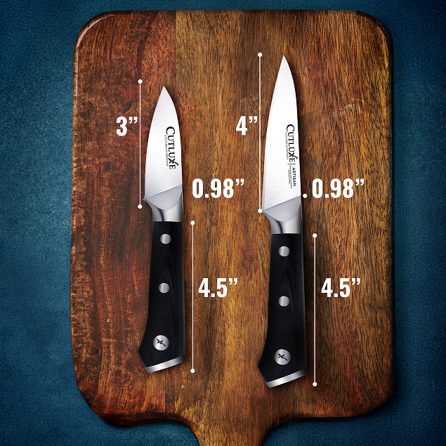 Product image 2 of 7: Precision kitchen knives with detailed measurements on a wooden cutting board