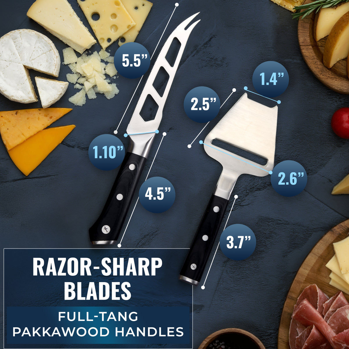 Product image 3 of 9: Razor-sharp cheese knives with full-tang pakkawood handles, shown with assorted cheeses and dimensions