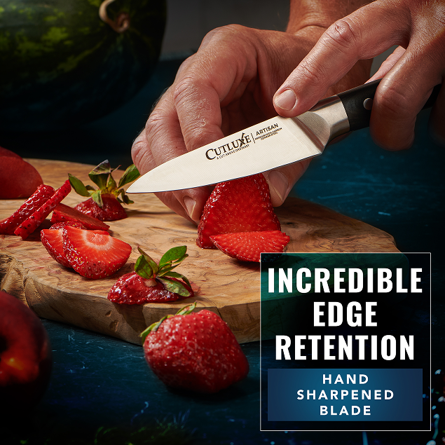 Product image 4 of 7: Hand slicing strawberries with sharp kitchen knife on wooden board, showcasing incredible edge retention