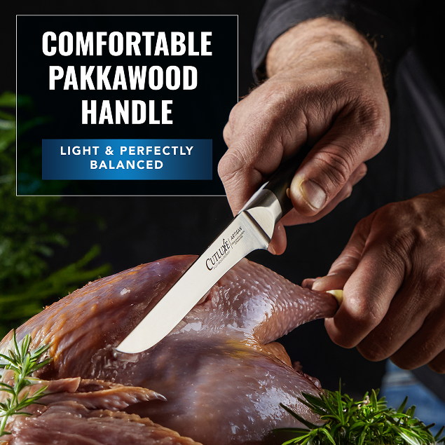Product image 4 of 6: Chef carving roasted turkey with pakkawood-handled kitchen knife, light & balanced for precise cuts