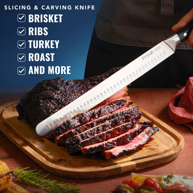 Product image 4 of 8: Slicing & carving knife cutting brisket on wooden board, ideal for ribs, turkey, roast
