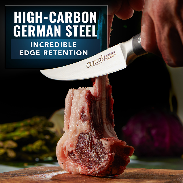 Product image 4 of 7: High-carbon German steel knife slicing meat, showcasing incredible edge retention for home cooks and chefs.