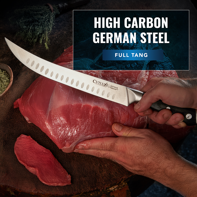 Product image 5 of 6: High carbon German steel chef knife slicing raw meat, full tang design for precision cutting