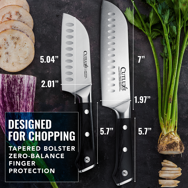Product image 2 of 6: Professional chef knives with ergonomic black handles, designed for chopping, shown with fresh vegetables and precise measurements.