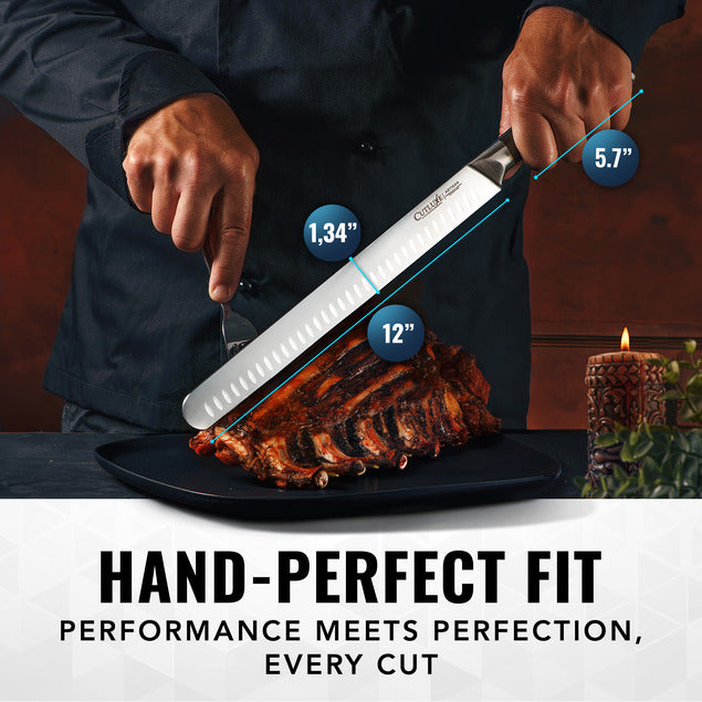 Product image 5 of 8: Chef slicing ribs with precision kitchen knife, 12-inch blade, hand-perfect fit for home cooks & chefs