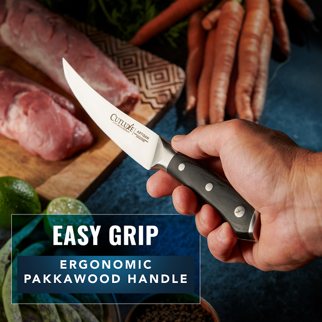 Product image 5 of 7: Hand holding kitchen knife with ergonomic pakkawood handle, ready for cutting meat and veggies