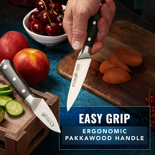Product image 3 of 7: Kitchen knife with ergonomic pakkawood handle slicing fruit, easy grip for home cooks