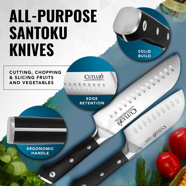 Product image 5 of 6: All-purpose Santoku knives with ergonomic handles for cutting, chopping, and slicing fruits and vegetables