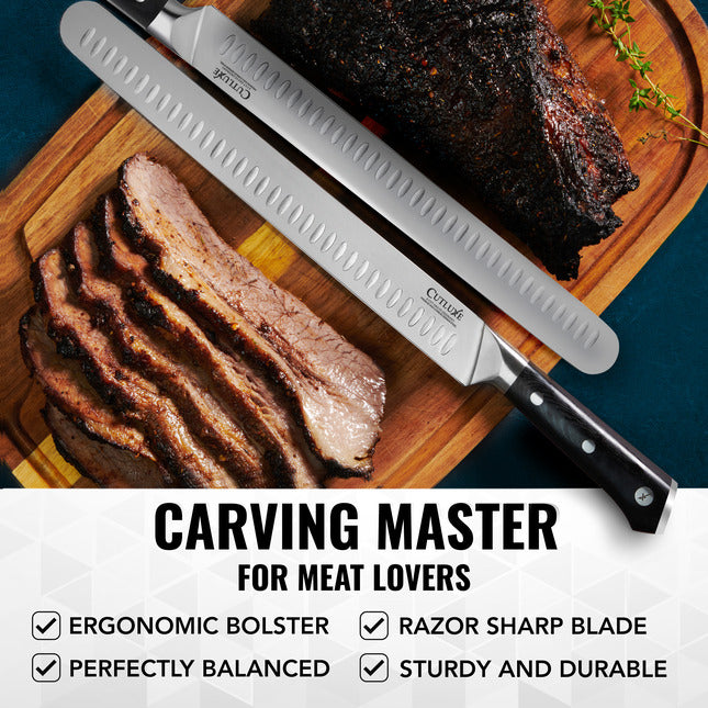 Product image 6 of 8: Carving knife with razor-sharp blade slicing cooked meat on wooden board