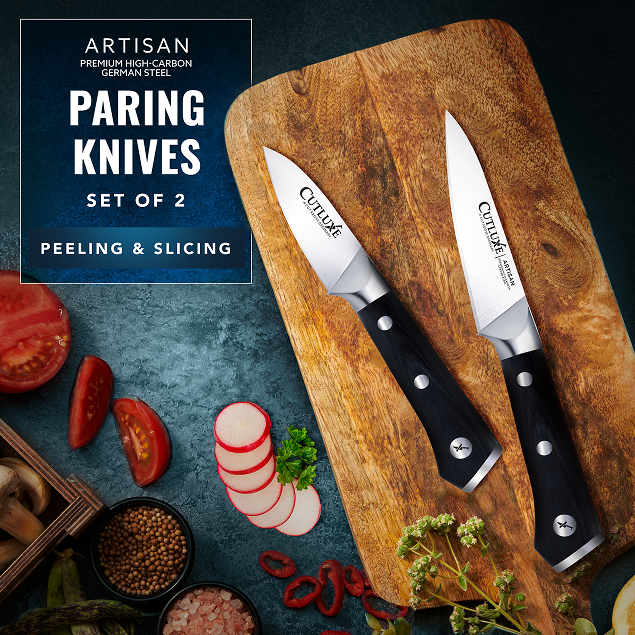 Product image 6 of 7: Artisan paring knives set of 2 for peeling & slicing, premium high-carbon German steel, on wooden board with fresh veggies