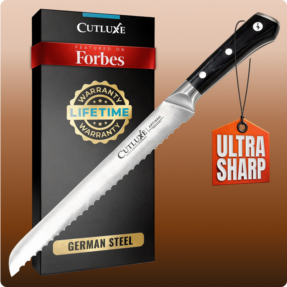 Product image 1 of 9: Ultra sharp serrated bread knife with German steel blade, black handle, and lifetime warranty packaging