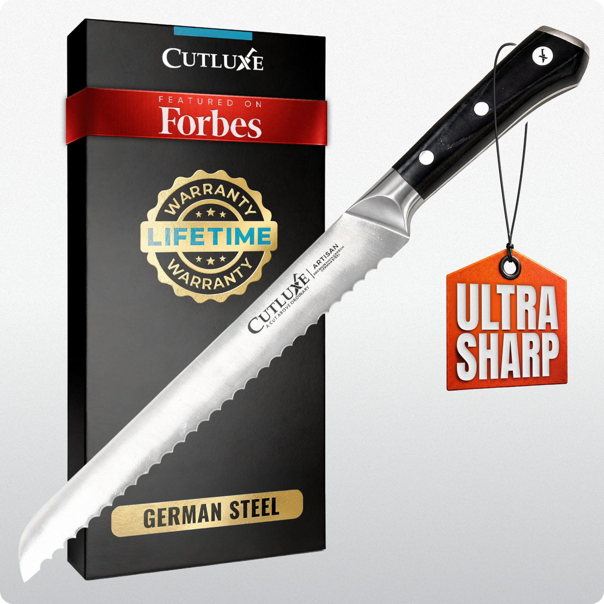 Product image 9 of 9: Ultra sharp German steel kitchen knife with lifetime warranty, featured on Forbes