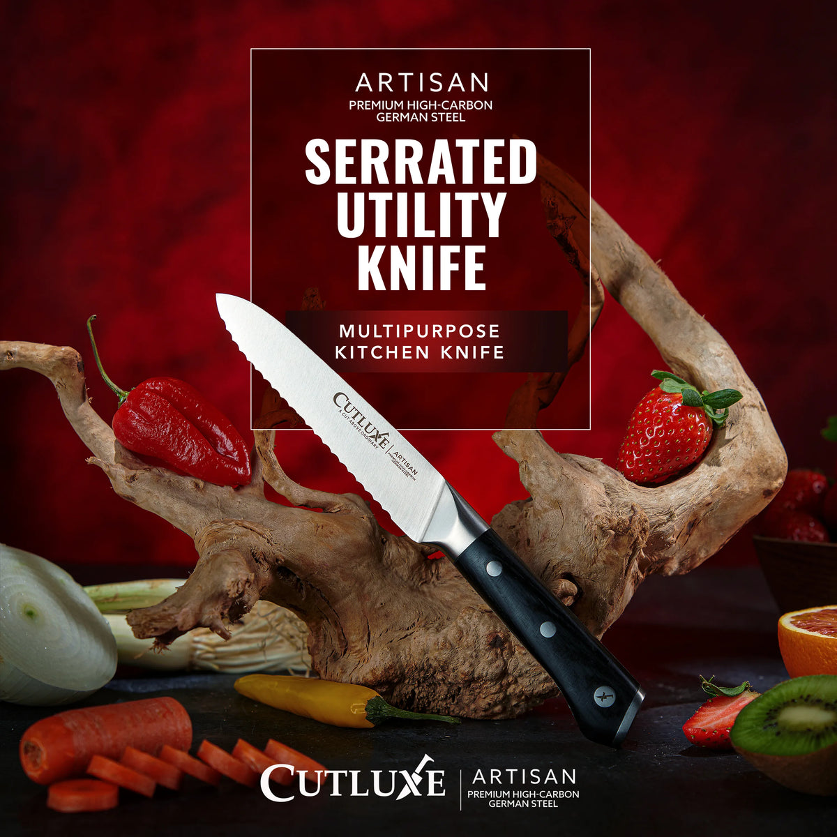 Product image 3 of 9: Serrated utility knife with black handle, premium high-carbon German steel blade, displayed with fresh produce on rustic wood