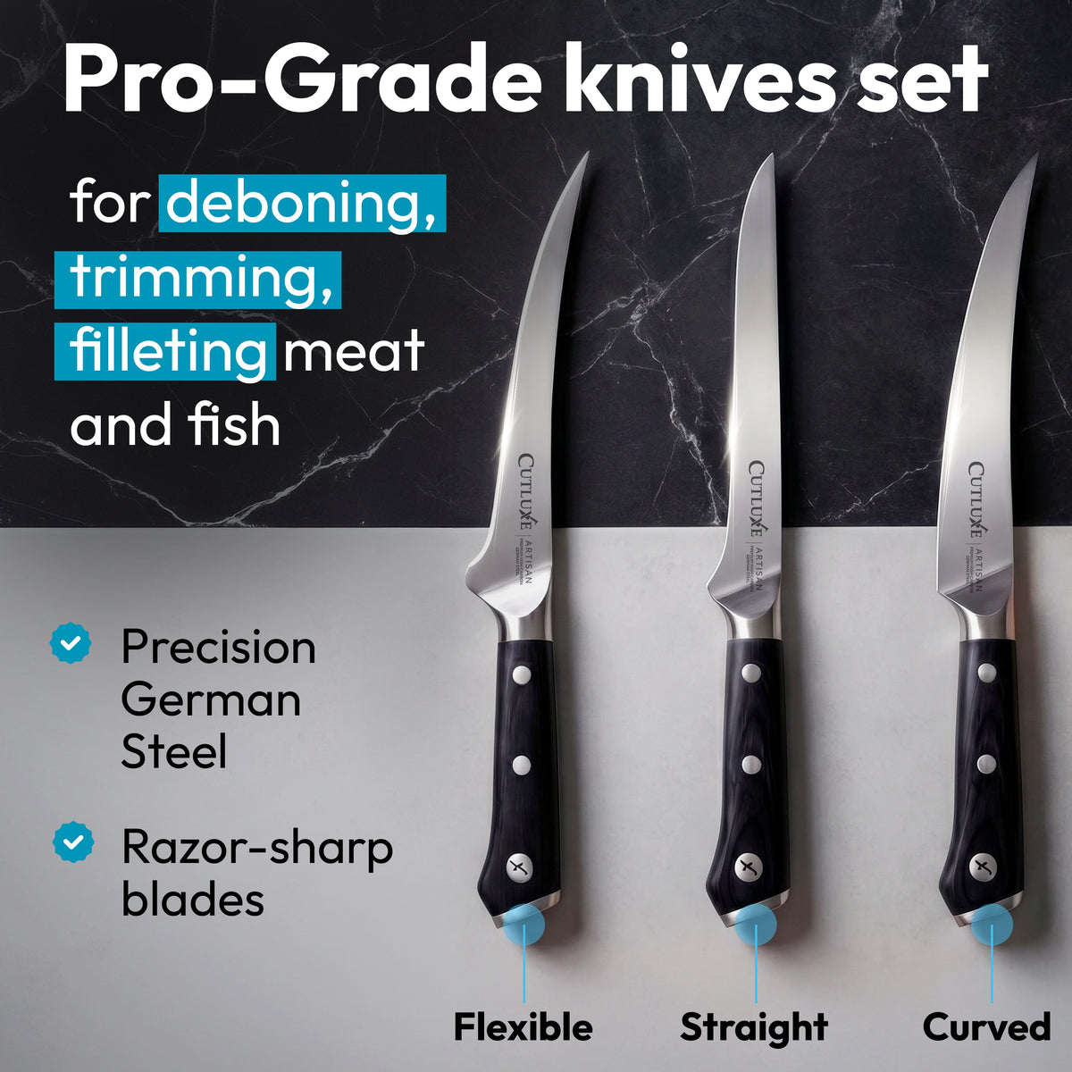 Product image 3 of 10: Pro-grade kitchen knives set for deboning, trimming, filleting meat and fish with precision German steel blades