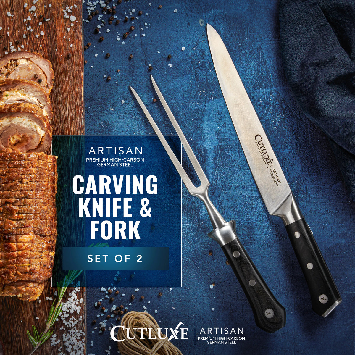 Product image 3 of 11: Artisan carving knife and fork set with premium high-carbon German steel, ideal for slicing roasted meats.