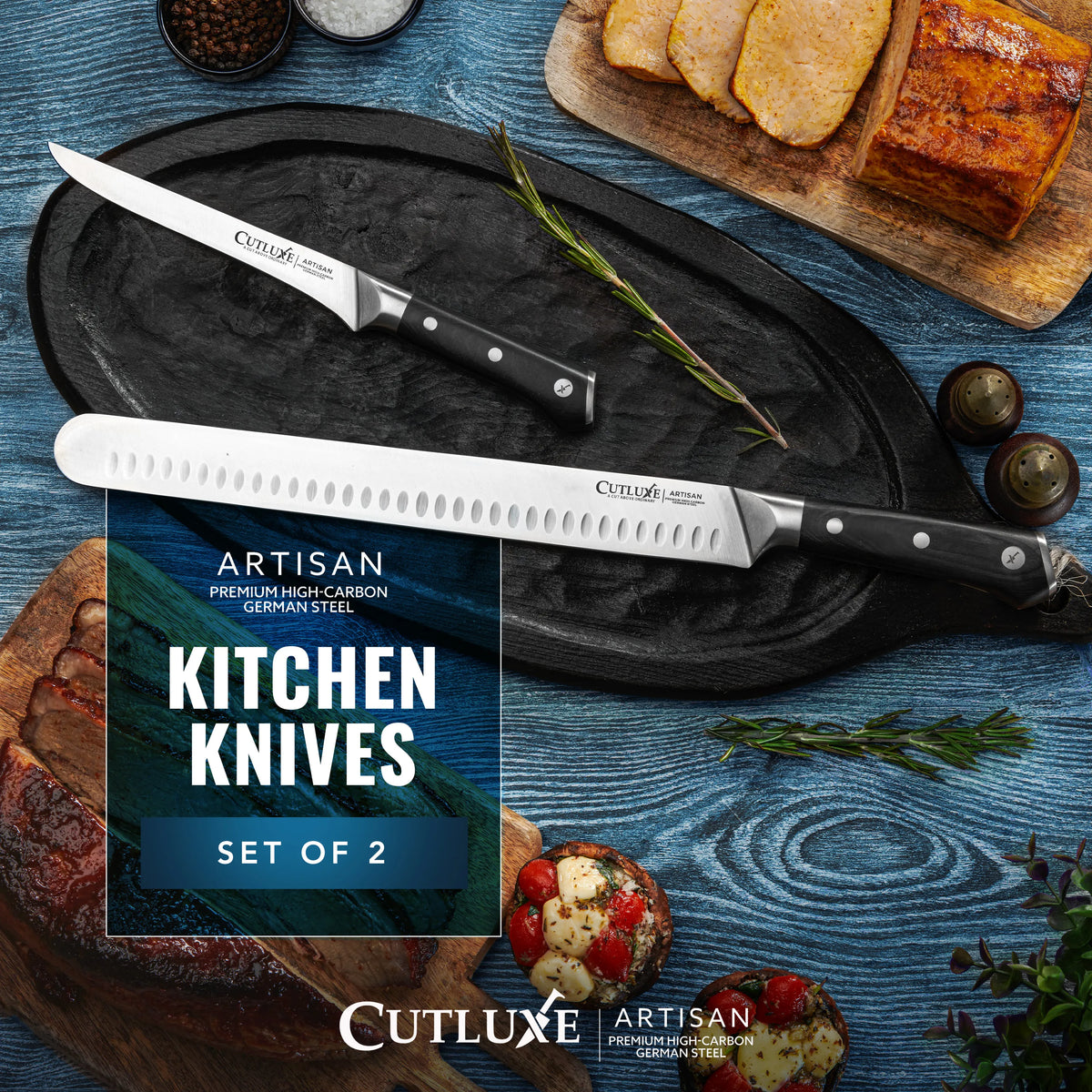 Product image 4 of 10: Artisan kitchen knives set of 2, premium high-carbon German steel, ideal for slicing meat and vegetables