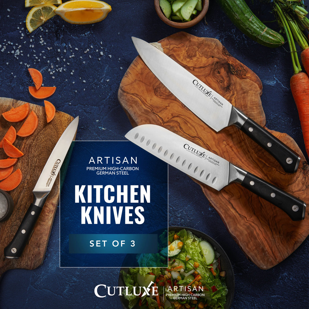 Product image 4 of 11: Artisan kitchen knives set of 3 with premium high-carbon German steel on wooden boards with fresh veggies