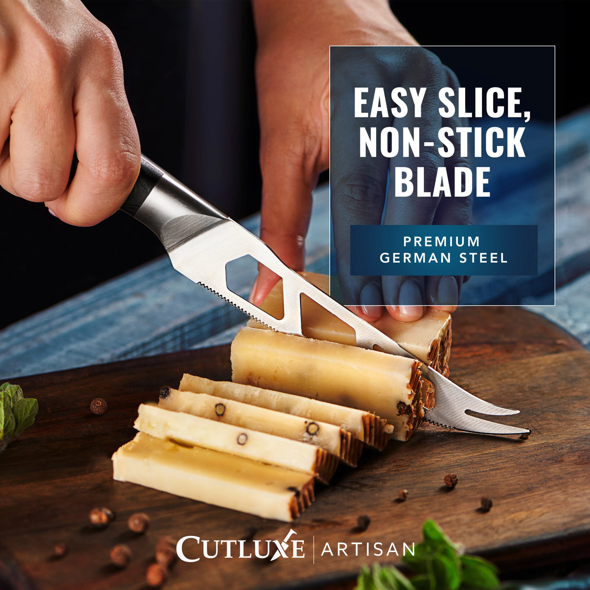 Product image 3 of 9: Premium German steel knife slicing cheese on wooden board with herbs