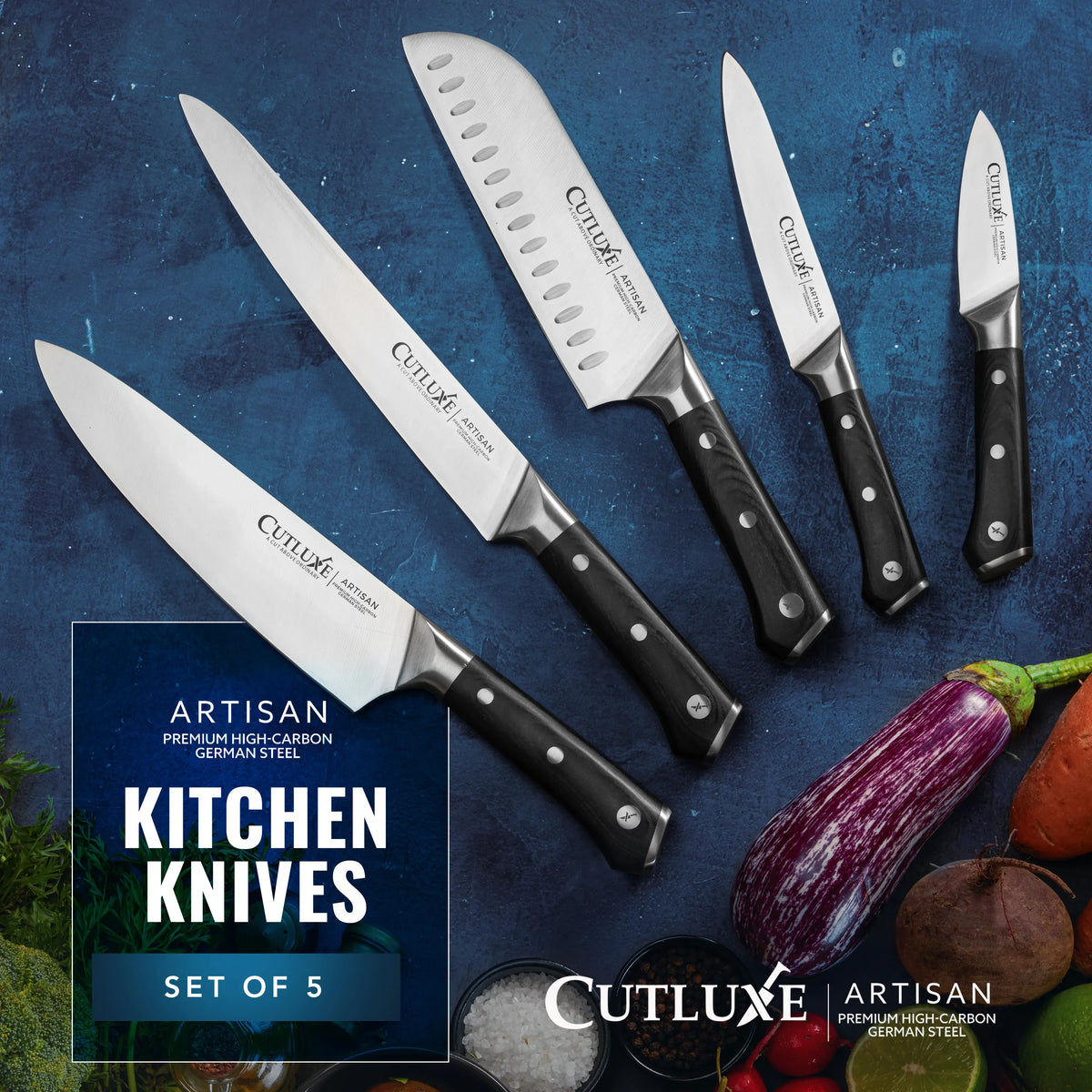 Product image 8 of 10: Artisan kitchen knives set of 5 with premium high-carbon German steel blades and black handles