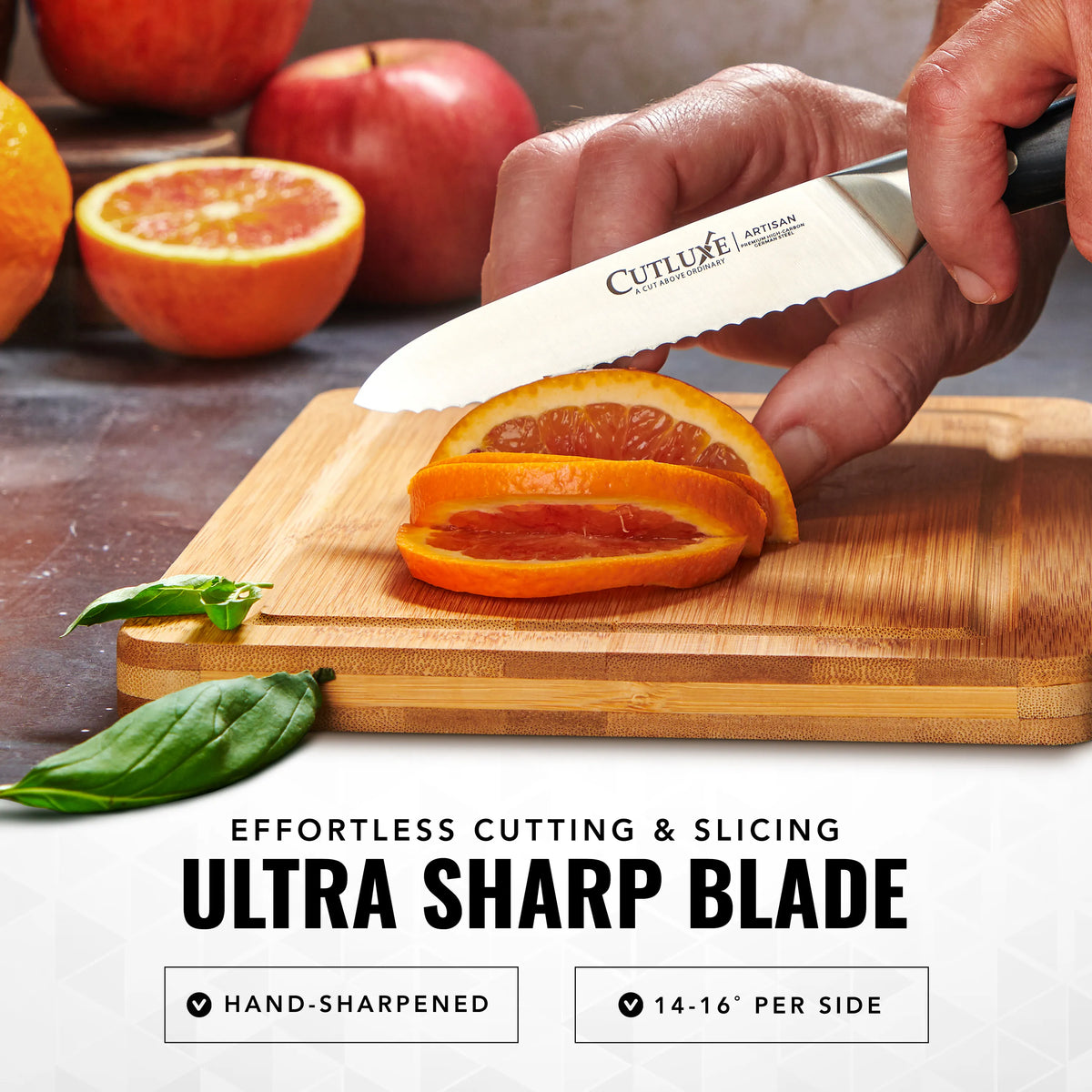 Product image 4 of 9: Ultra sharp kitchen knife slicing blood orange on wooden cutting board, effortless cutting for home cooks