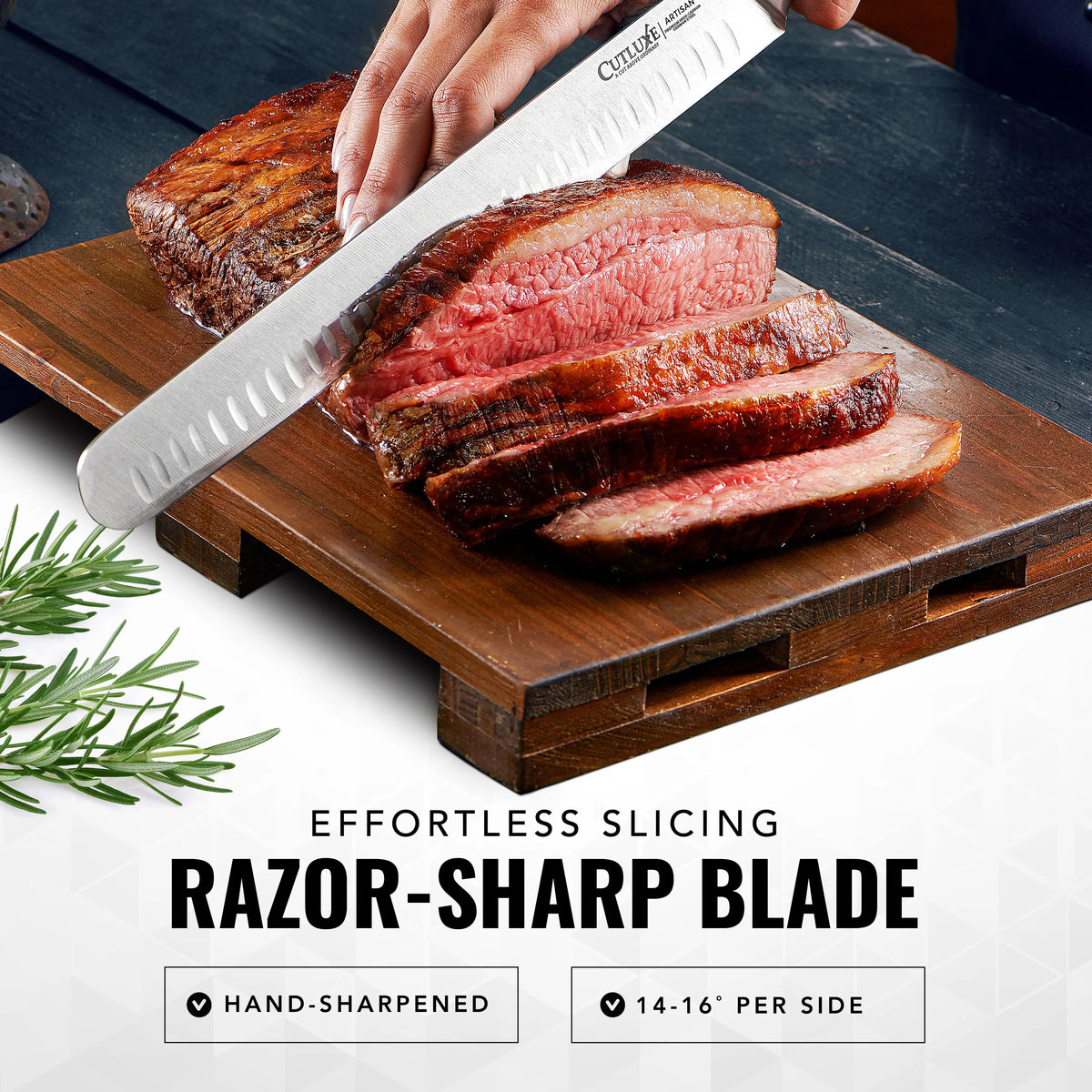 Product image 5 of 10: Razor-sharp kitchen knife slicing medium-rare steak on wooden board with rosemary garnish