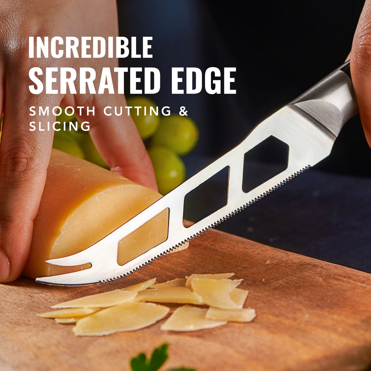 Product image 4 of 9: Serrated knife slicing cheese with smooth cutting edge on wooden board