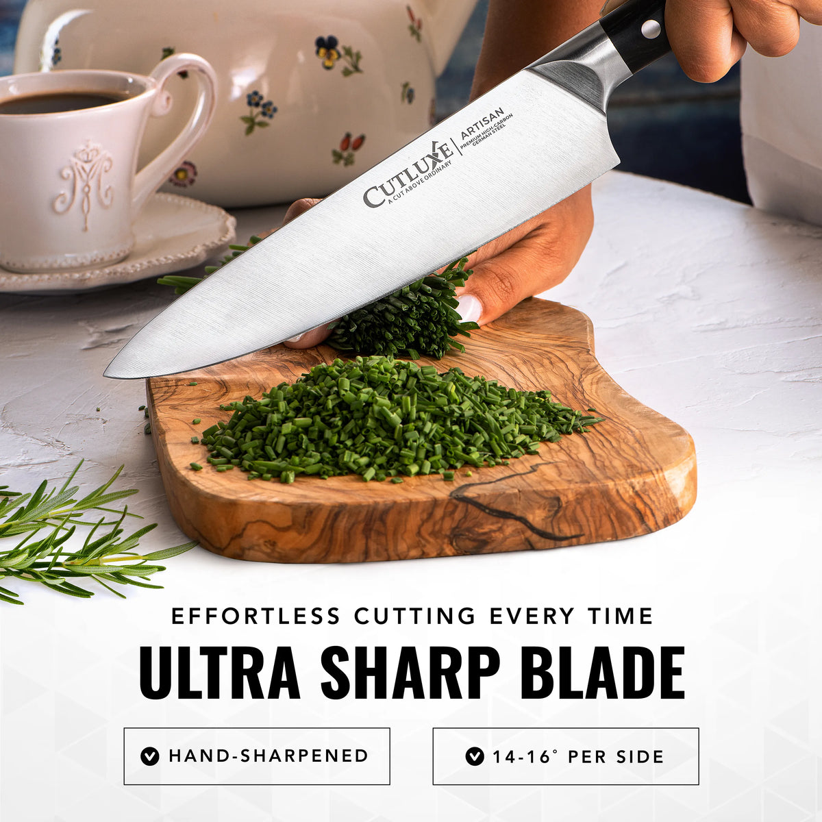 Product image 5 of 11: Ultra sharp kitchen knife slicing fresh herbs on wooden cutting board