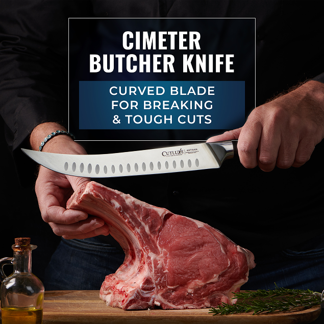 Product image 5 of 10: Cimeter butcher knife with curved blade cutting raw meat on wooden board