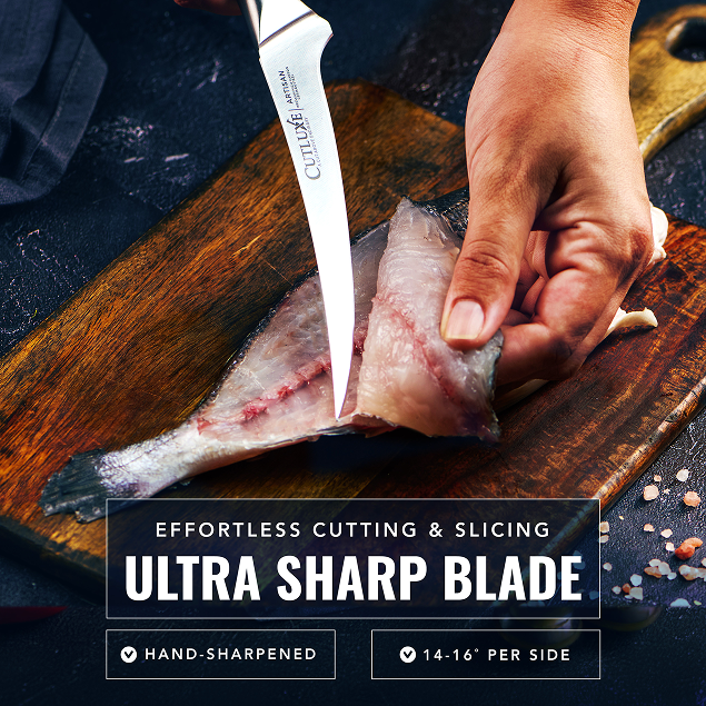 Product image 5 of 6: Ultra sharp kitchen knife slicing fish on wooden cutting board, hand-sharpened blade for effortless cutting