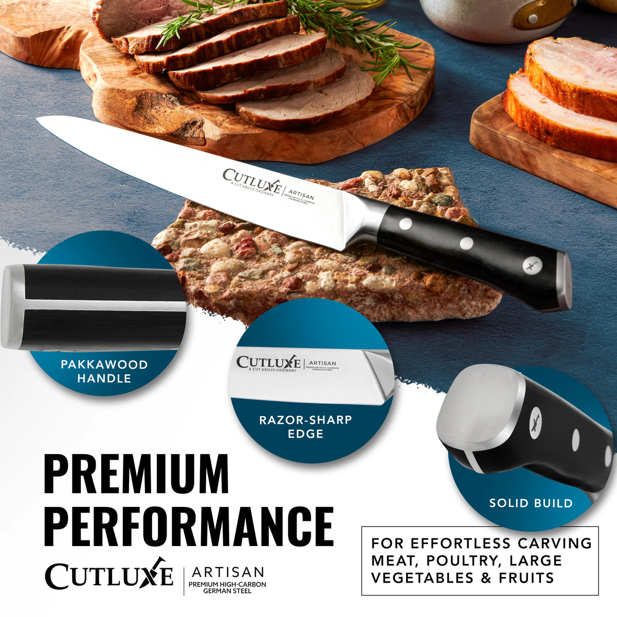 Product image 5 of 11: Cutluxe Artisan carving knife with pakkawood handle, razor-sharp edge, solid build for slicing meat, poultry, veggies