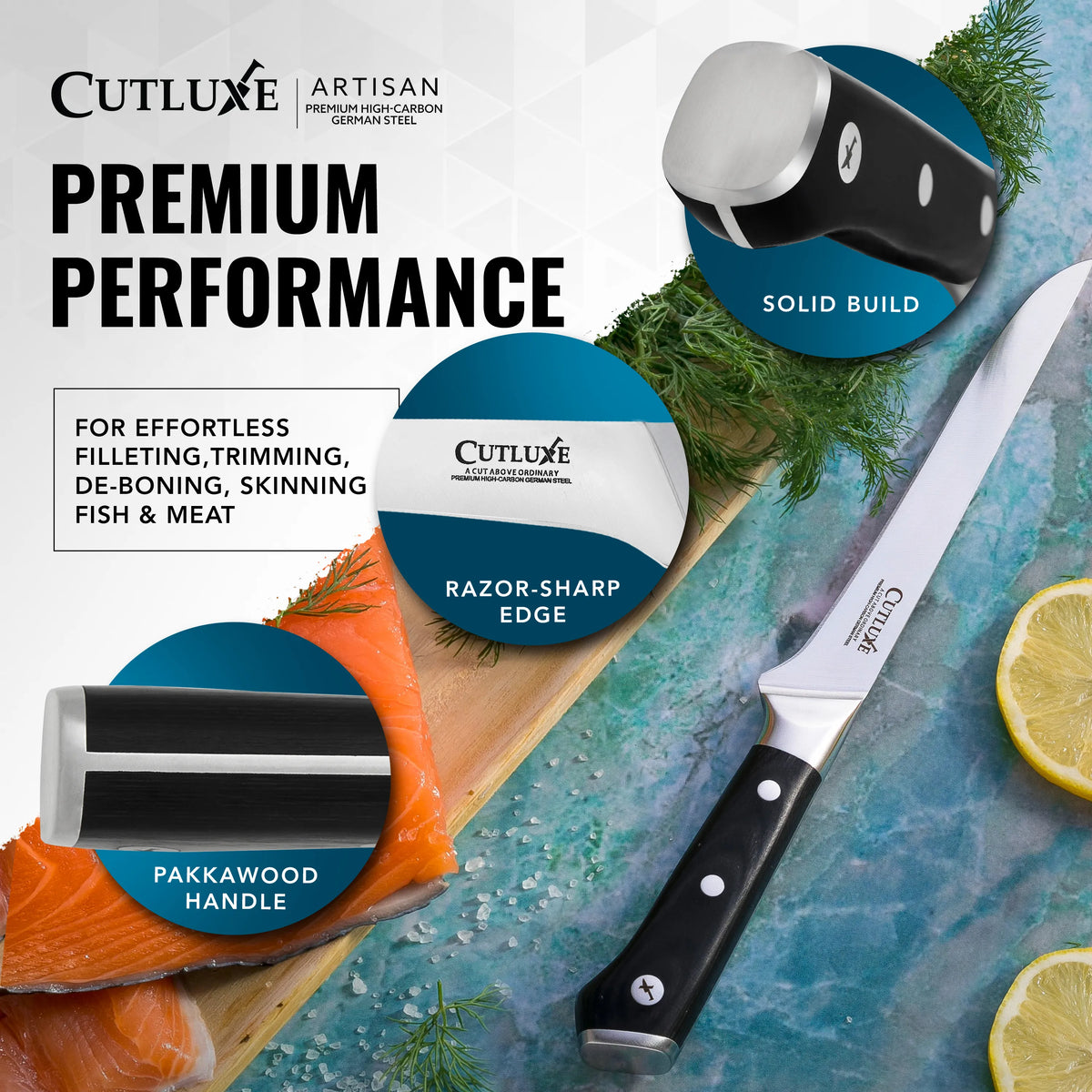 Product image 6 of 10: Premium fillet knife with razor-sharp edge, pakkawood handle, for effortless fish & meat prep