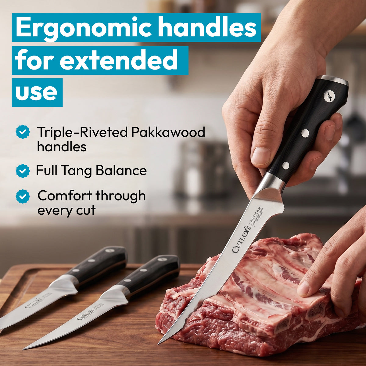 Product image 5 of 10: Ergonomic kitchen knife with Pakkawood handle slicing raw meat on cutting board