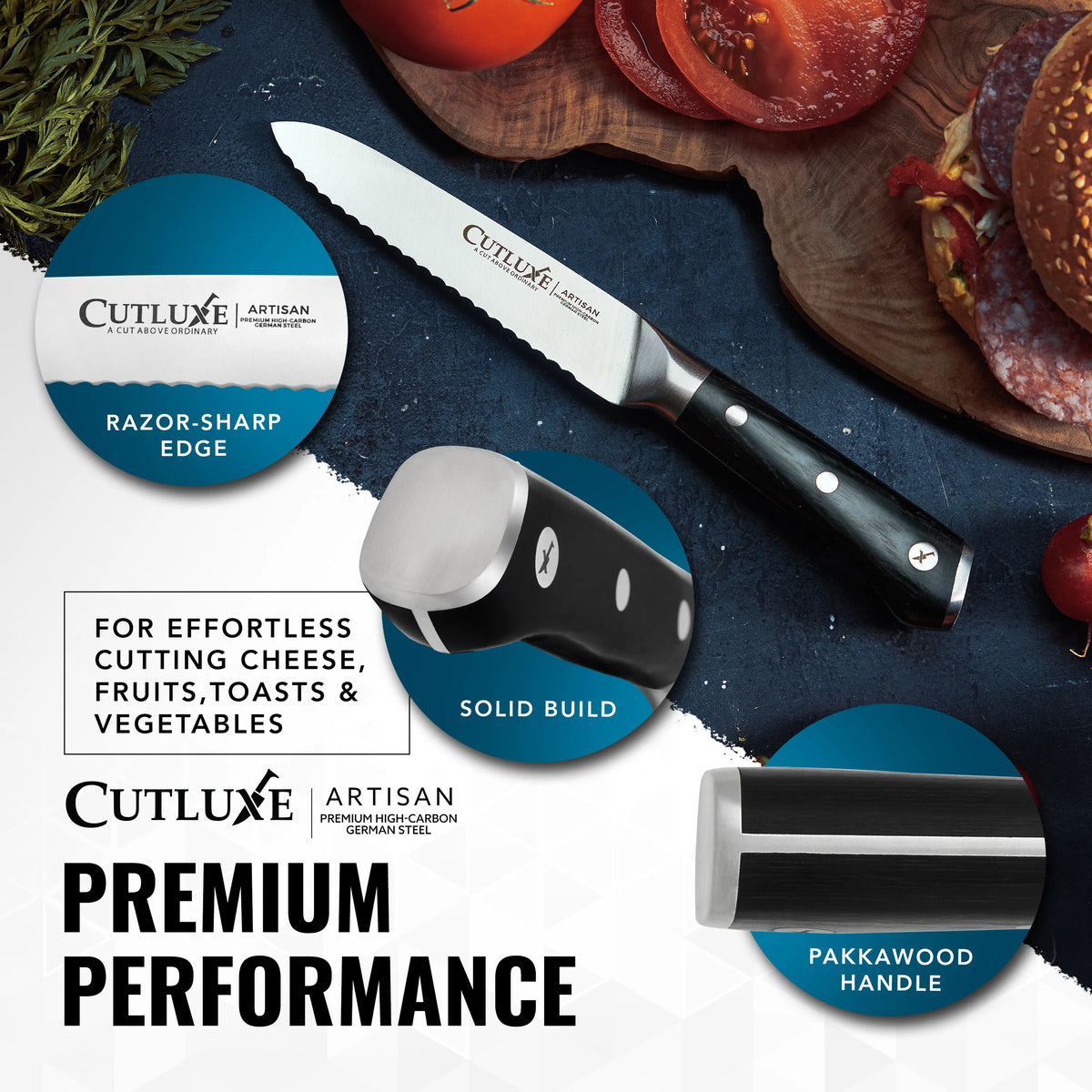 Product image 5 of 9: Serrated kitchen knife with pakkawood handle for cutting cheese, fruits, and vegetables. Razor-sharp edge, solid build.