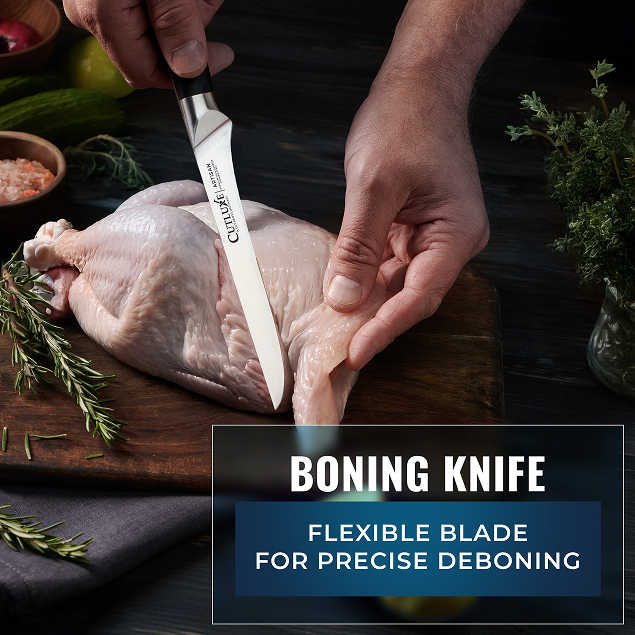 Product image 6 of 10: Boning knife with flexible blade for precise deboning, cutting raw chicken on wooden board