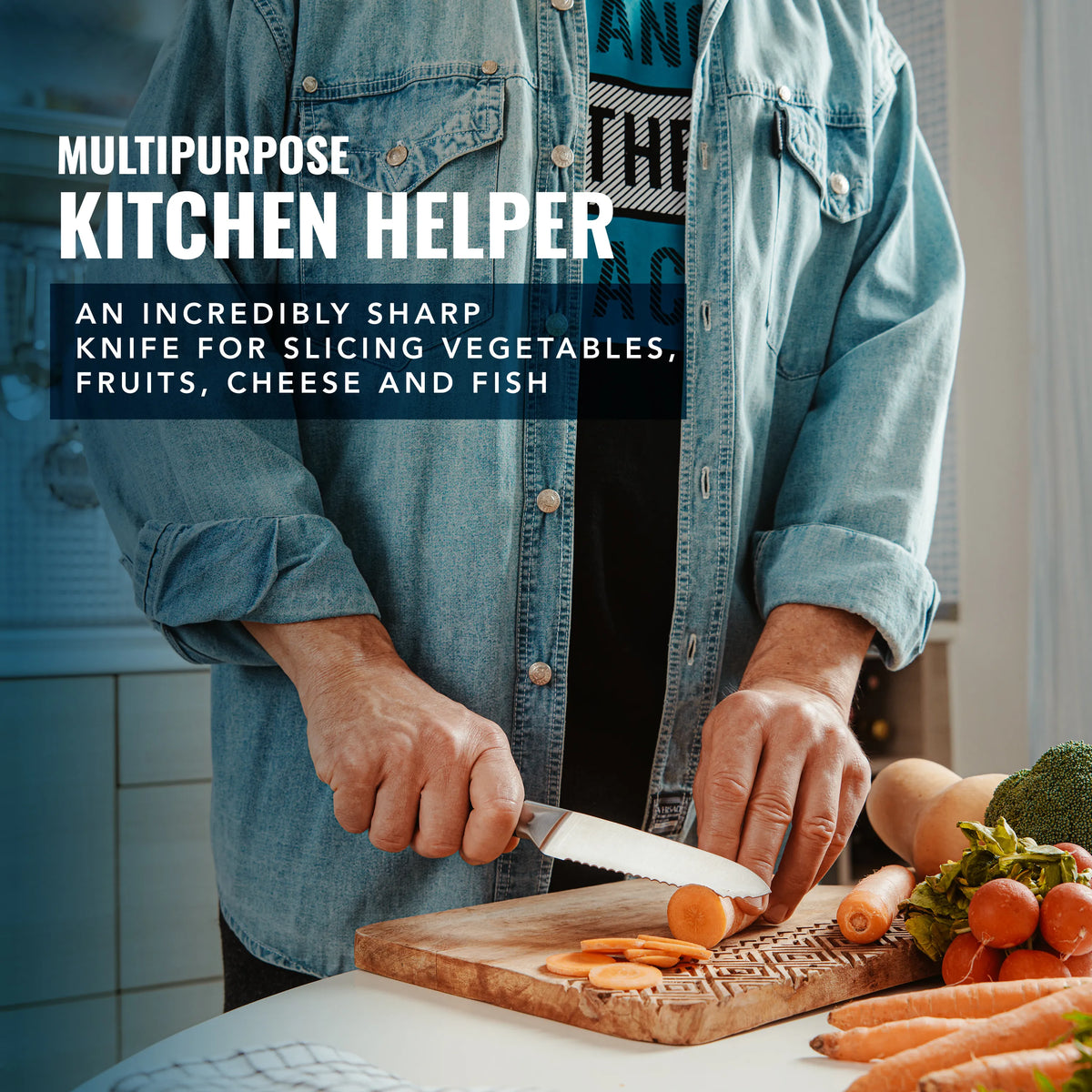 Product image 6 of 9: Sharp kitchen knife slicing carrots on wooden cutting board for meal prep