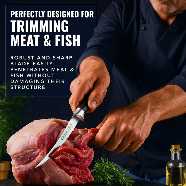 Product image 4 of 6: Chef trimming meat with sharp kitchen knife, ideal for precise cuts and fish preparation