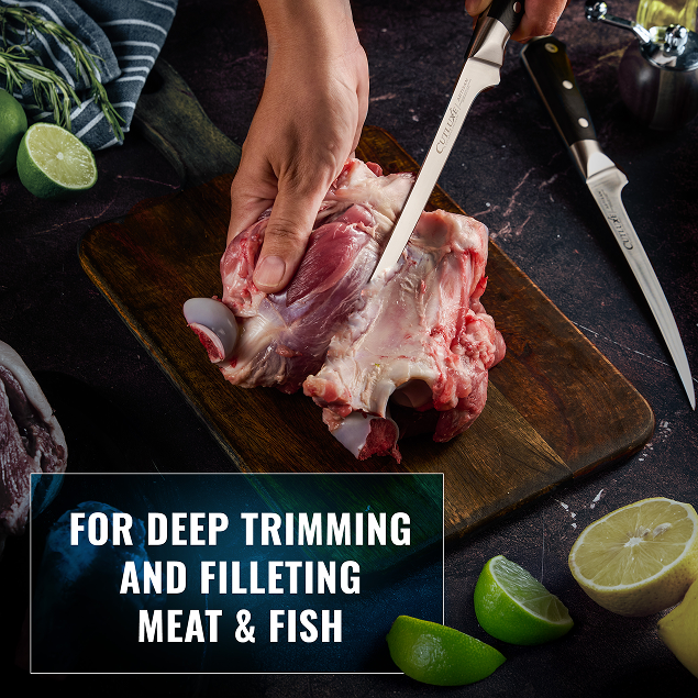 Product image 5 of 7: Precision knife for deep trimming and filleting meat and fish on wooden cutting board