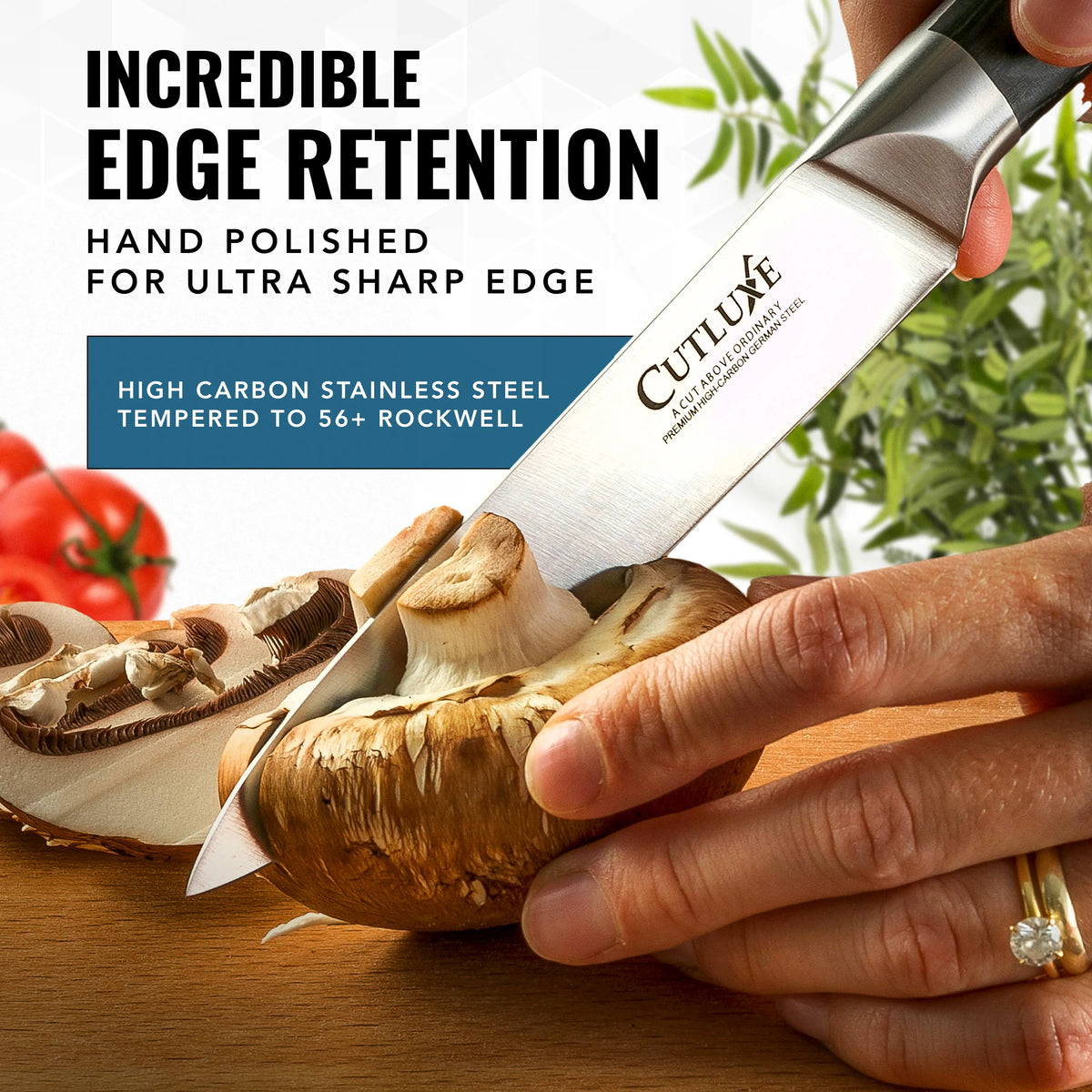 Product image 7 of 11: Sharp kitchen knife slicing mushroom, high carbon stainless steel, hand polished edge