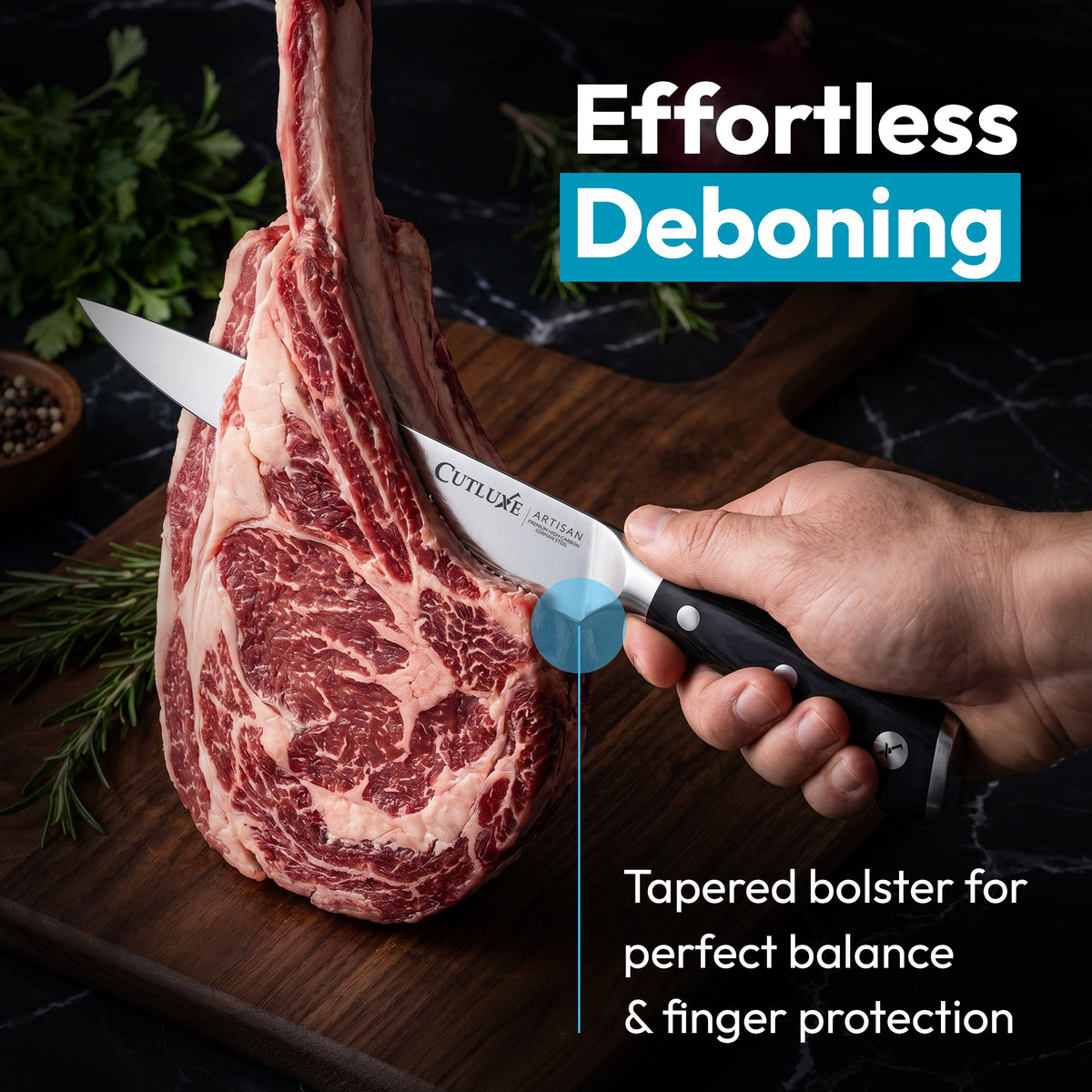 Product image 6 of 10: Hand using sharp boning knife to debone ribeye steak on wooden cutting board, effortless precision for home cooks