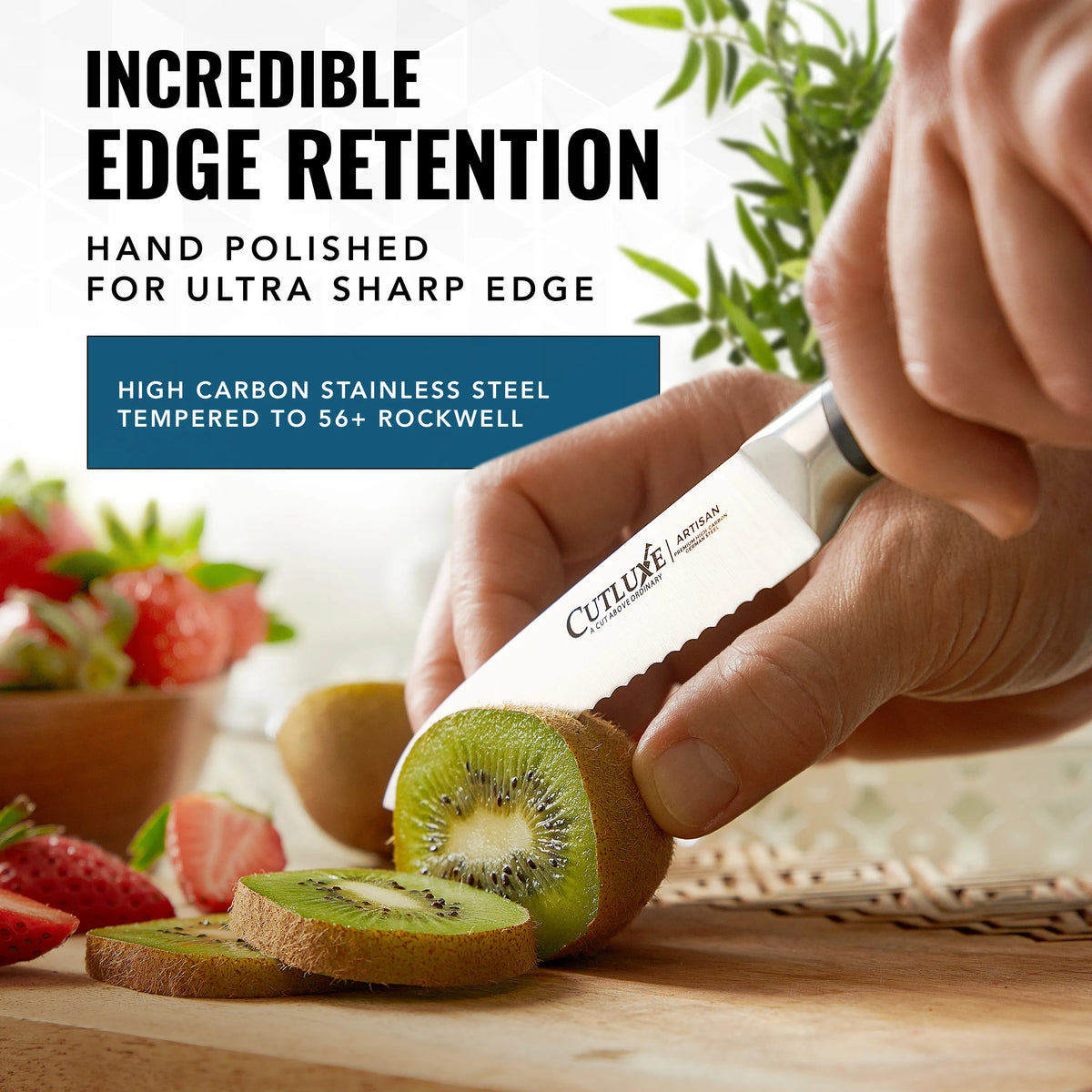 Product image 7 of 9: Hand slicing kiwi with ultra sharp high carbon stainless steel kitchen knife on wooden cutting board