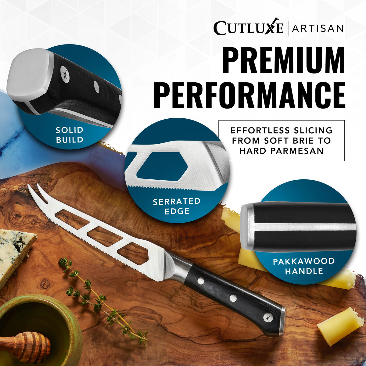Product image 6 of 9: Serrated cheese knife with Pakkawood handle on wooden board, slicing soft to hard cheeses