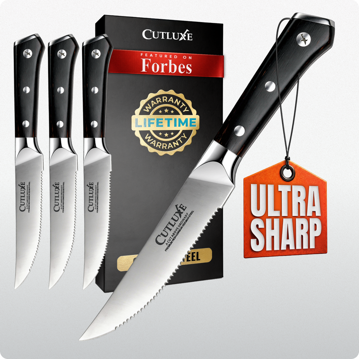 Product image 7 of 7: Ultra sharp serrated kitchen knives with lifetime warranty, premium German steel, ideal for home cooks & chefs