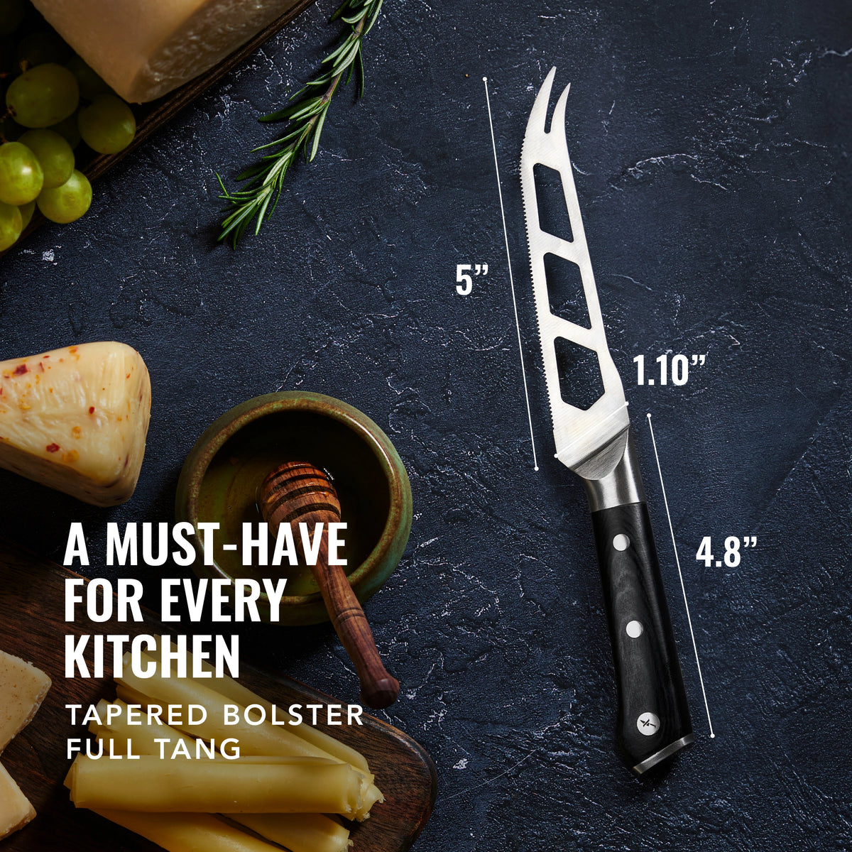 Product image 2 of 9: Stainless steel cheese knife with tapered bolster and full tang, ideal for every kitchen