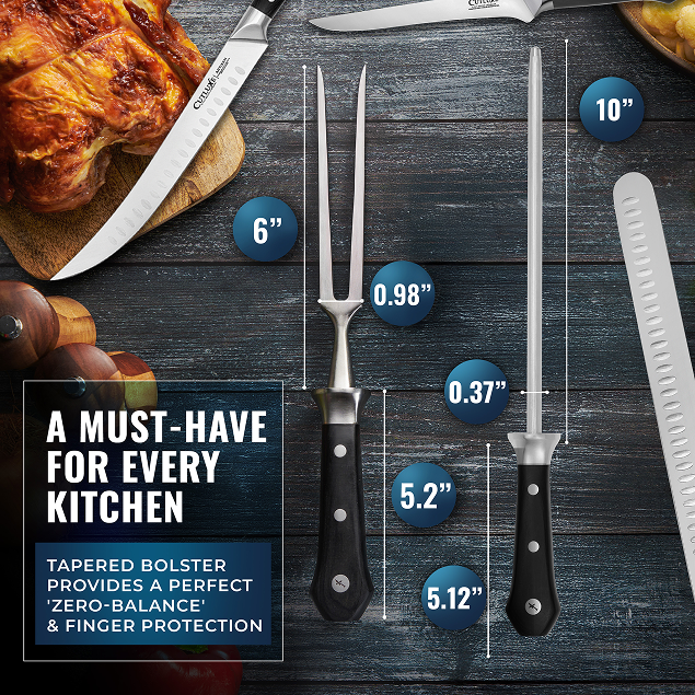 Product image 7 of 10: Professional kitchen carving set with 6" knife, 10" fork, and sharpener, perfect for home chefs