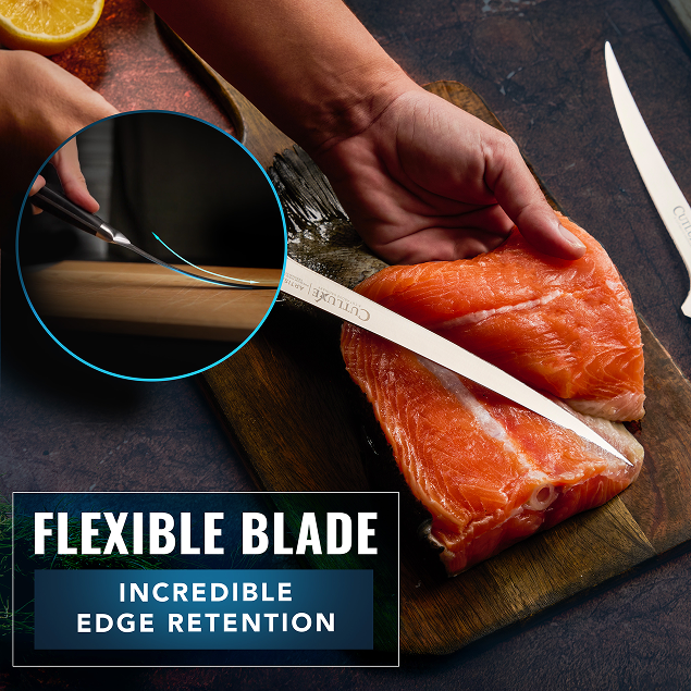 Product image 6 of 7: Flexible kitchen knife slicing salmon with incredible edge retention on wooden cutting board