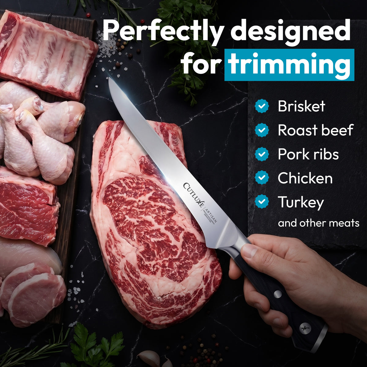 Product image 7 of 10: Precision knife trimming brisket, roast beef, pork ribs, chicken, turkey on dark marble