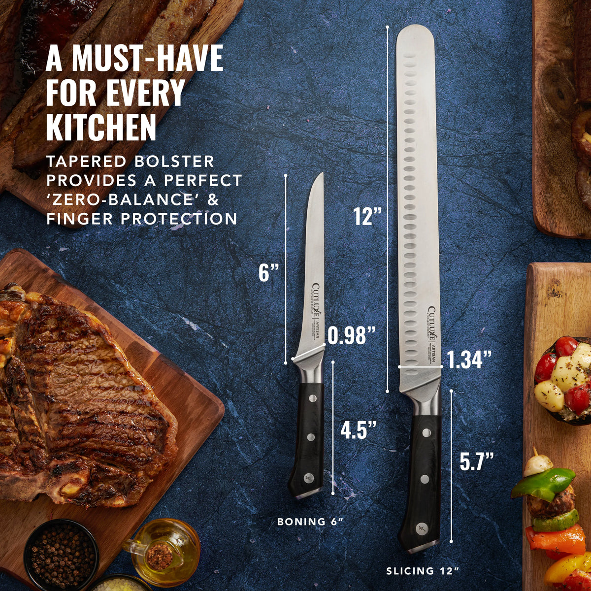 Product image 3 of 10: 6-inch boning and 12-inch slicing knives with tapered bolster for zero-balance and finger protection
