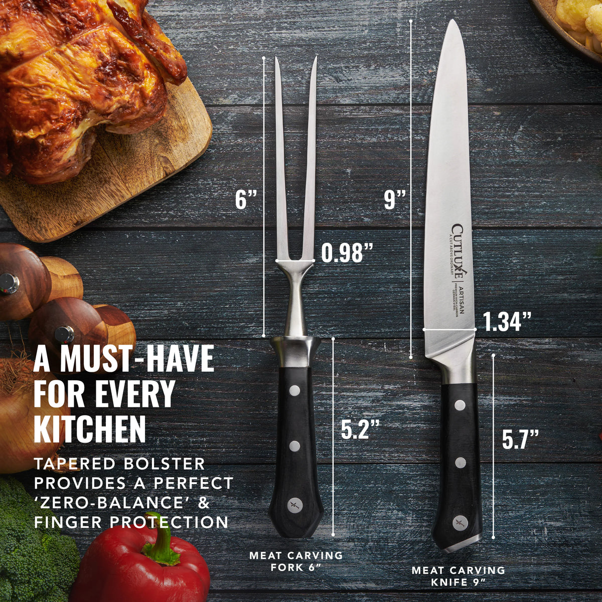 Product image 2 of 11: 9-inch meat carving knife and 6-inch fork set with black handles, shown with roasted chicken and veggies on dark wood